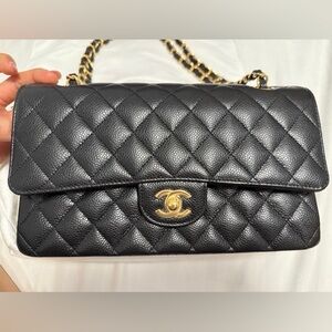 CHANEL Medium Classic Flap Bag in Black Caviar Leather with Gold Hardware
